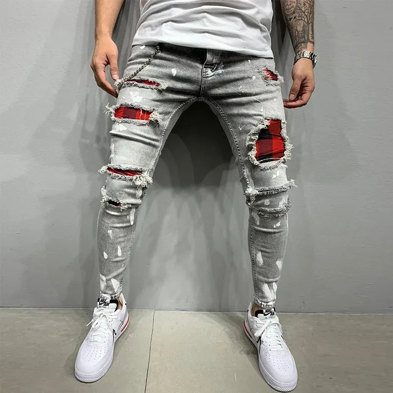 Rippade jeans män sträcker mager grå blå svart hiphop denim byxor streetwear casual smal fit jeans för män jogga jean 240124