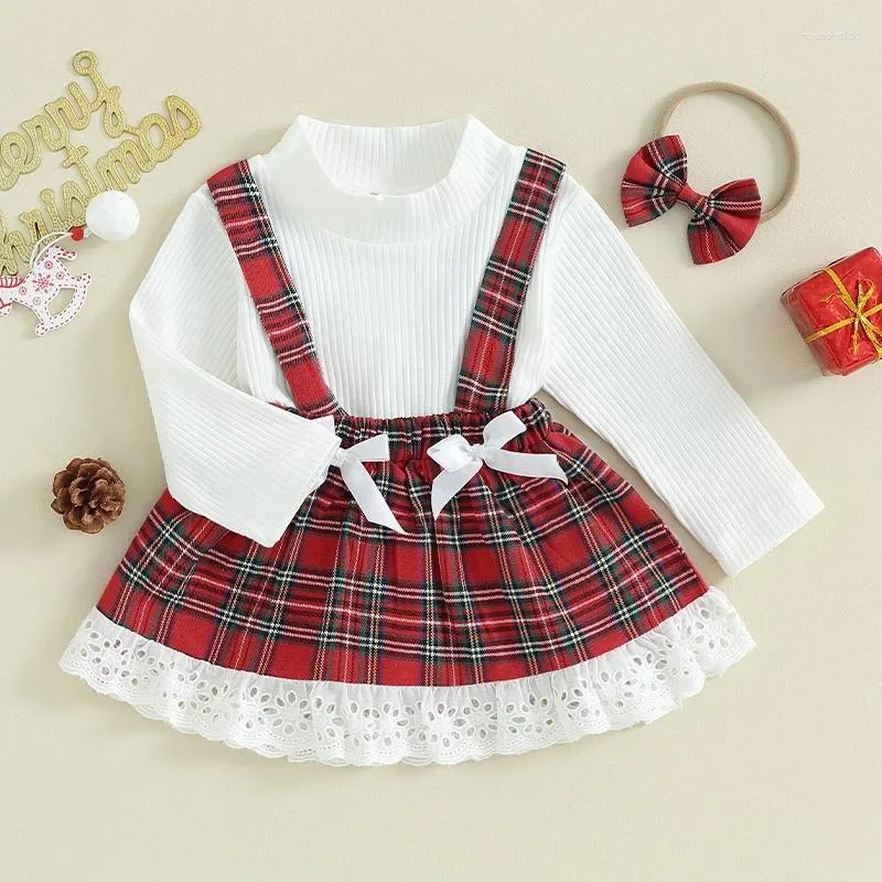 Kläderuppsättningar 0-18 månader spädbarn baby flickor julkläder lång ärm romper spetsplaid spännande kjol pannband set födda kläder