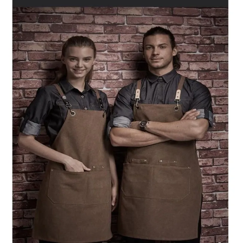 قماشية شمعية شمعية تعمل مع جوبوب الأدوات BBQ Coffee Chef Chef Kitchen Apron Cross-Back Straps Modable M-L216L