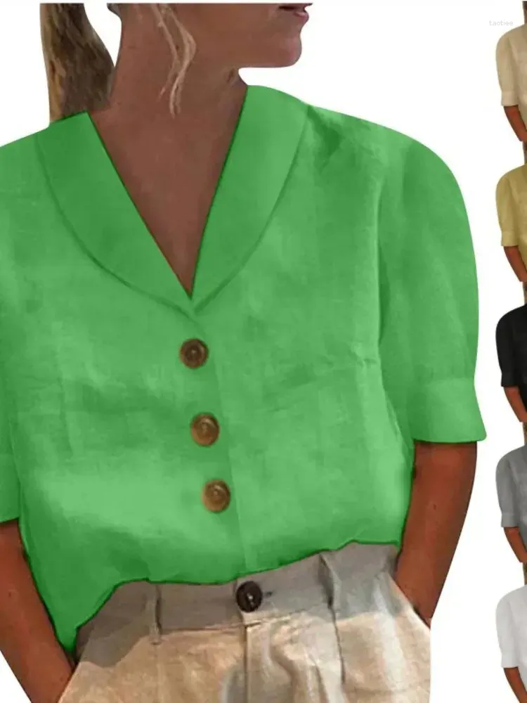 Women's Blouses 2024 Summer Polo Neck Button Middle Sleeve Solid Cotton Linen Top Women