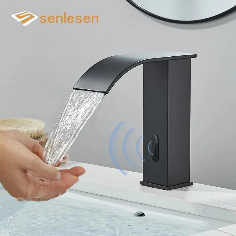 Смесители для раковины в ванной комнате Senlesen, роскошный черный сенсорный смеситель для раковины, монтируемый на палубе, инфракрасный бесконтактный смеситель Shorall, кран