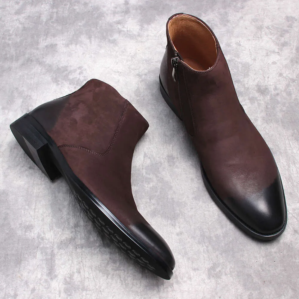 Cuir véritable mode hommes cheville pointu noir marron chaussure formelle robe botte pour fermeture éclair latérale hommes bottes en daim