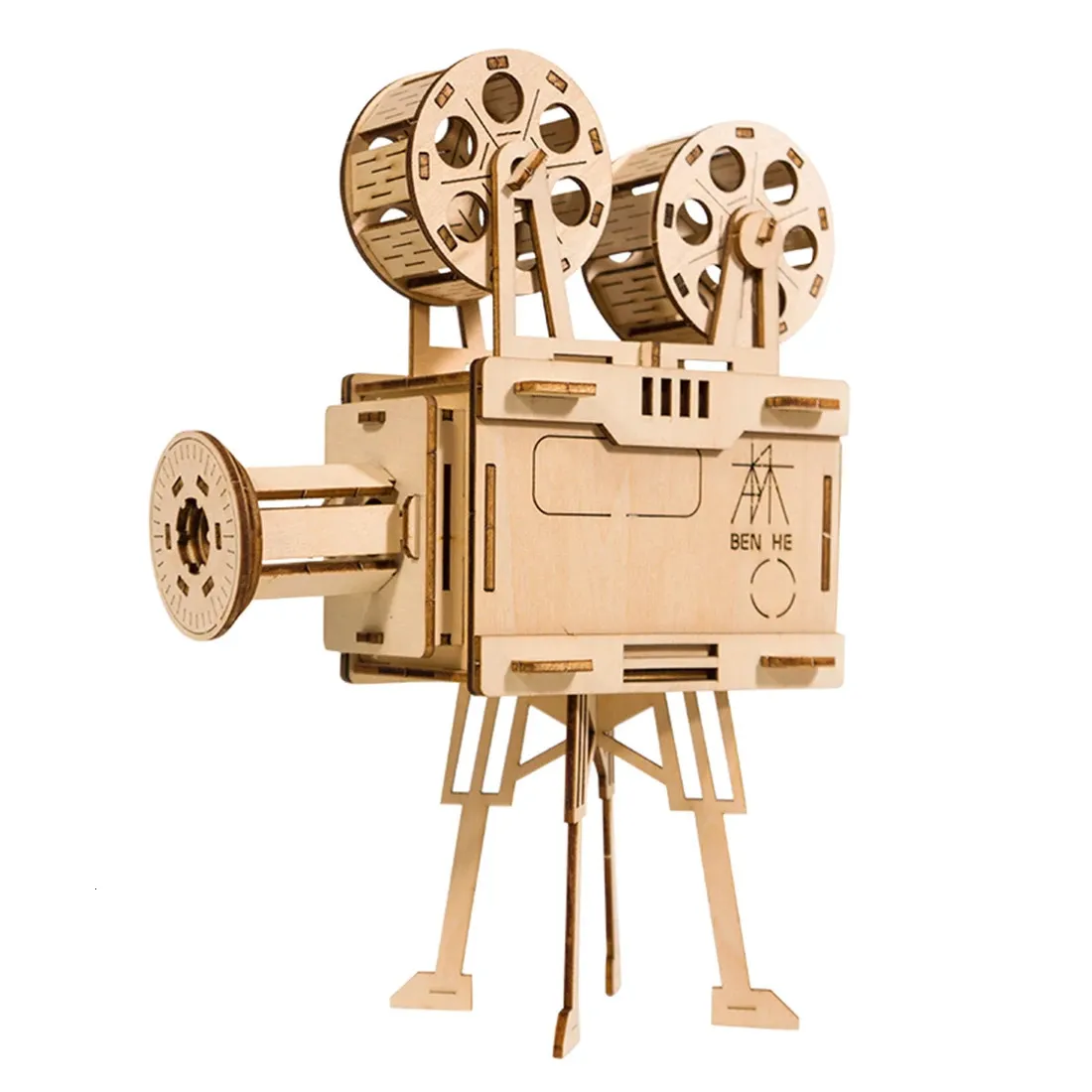 77 st DIY 3D Film Projector Puzzle Wood Model Building Kit Assembly Vitascope Toy Block Assembly Toys 240122