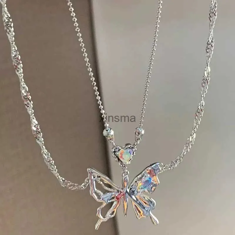 Chokers Y2K Crystal Butterfly Pendant Necklace Women Light Luxury Girl Punk Heart Grunge Clavicle Chain Fashion Party Gift 2023 YQ240201