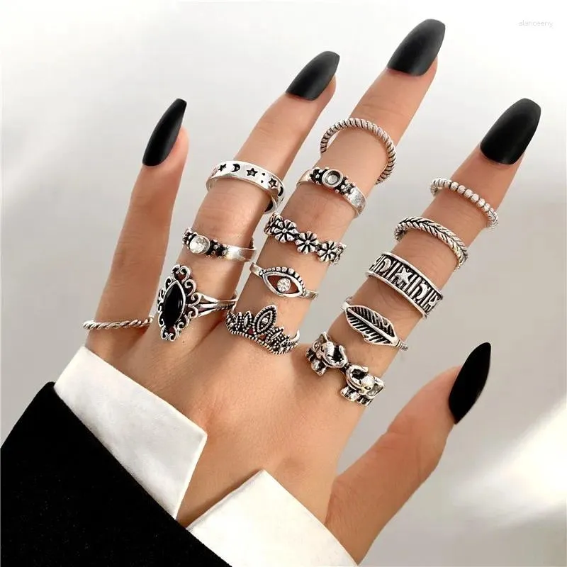 Cluster Ringen WUKALO Punk Vintage Zilveren Kleur Bloem Set Voor Vrouwen Mannen Gothic Ketting Retro Trend Mode-sieraden