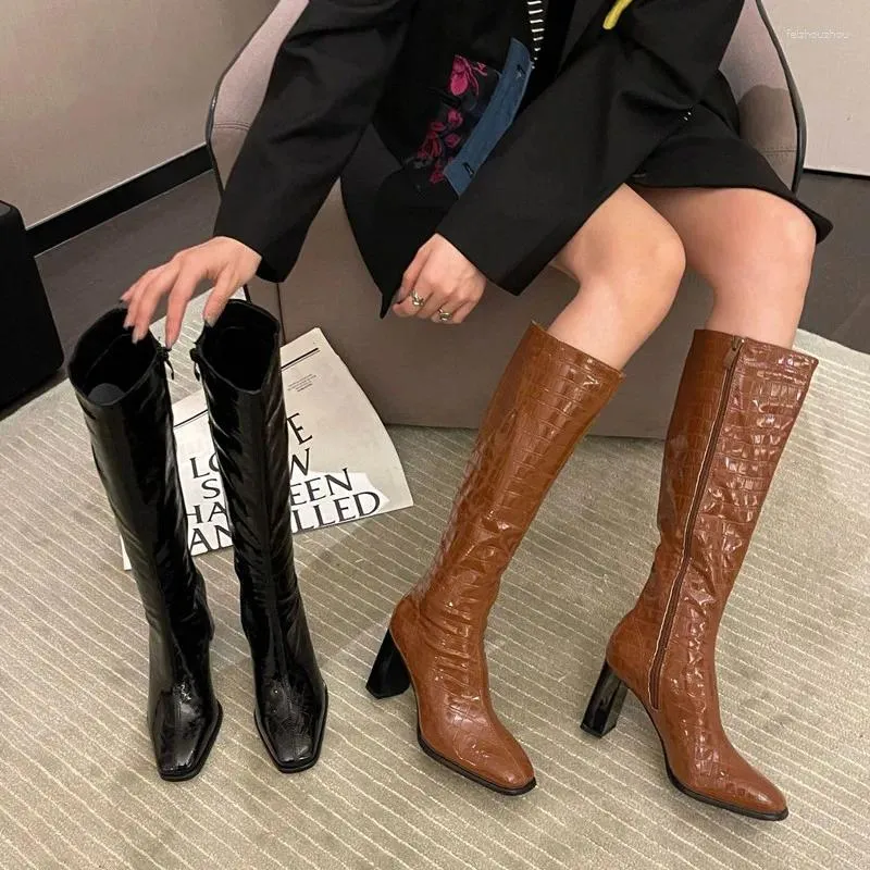 Boots Autumn & Spring Women's Fashion Zip High Heels 8cm Crocodile Grain Knee-High Female Pumps Square Toe OULYYYOGO