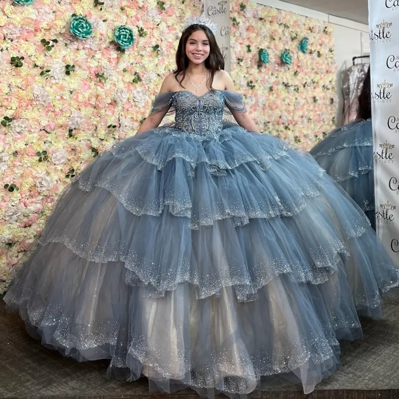 Elegant Navy Blue Off-the-Shoulder Floral Applique Tiered Tulle Sweet 15 Quinceanera Ball Gown DP7879