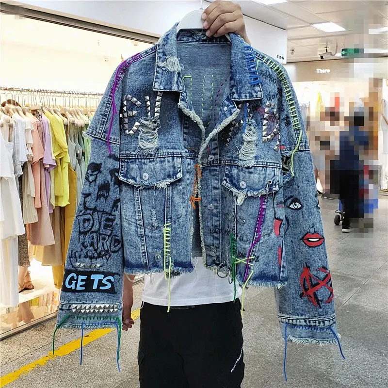 Autumn Fashion Rivet Graffiti Holes Denim Jacket Coat Women Outerwear Streetwear Loose Short Jeans Jacket Female Chaquetas Mujer 240125