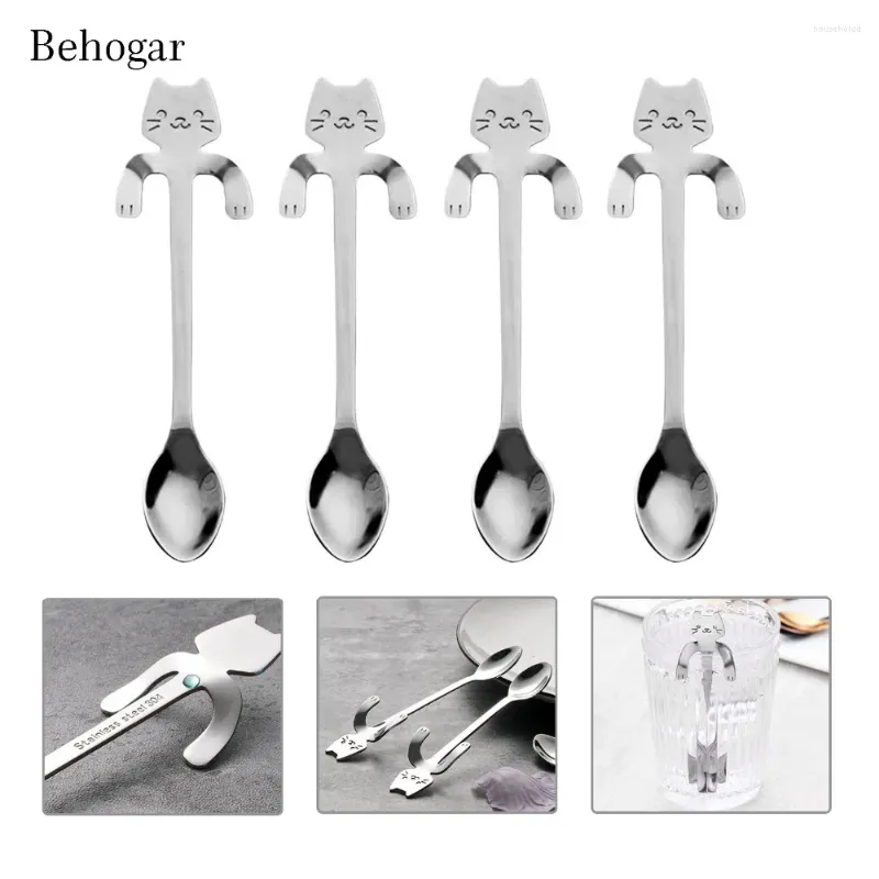 Colheres Behogar 4 PCS Aço Inoxidável Gato Chá Café Sorvete Colher Colher Agitando Talheres Suprimentos para Festa em Casa