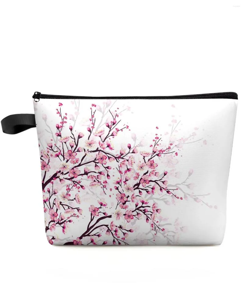 Kosmetiska väskor körsbärsblomma plommongren rosa blommor vit anpassad väska bärbar makeup förvaringspåse kvinnor vattentät penna fodral