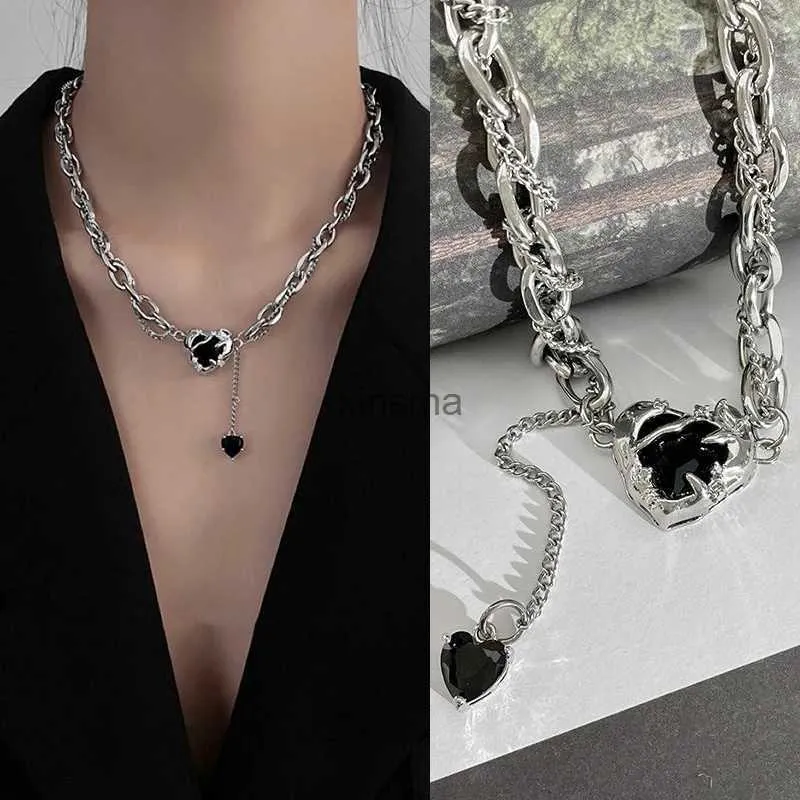 Chokers hip hop siyah rhinestone aşk kalp dikenleri cazibe kolye kadınlar için punk rock çift katman zincirleri cezbetme kolye trend takı yq240201