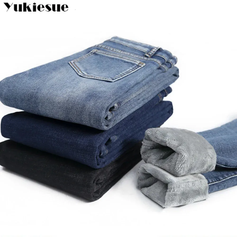 Зимние толстые женские бархатные женские джинсы скинни с высокой талией, простые флисовые теплые облегающие эластичные женские повседневные джинсовые брюки-карандаш 240202