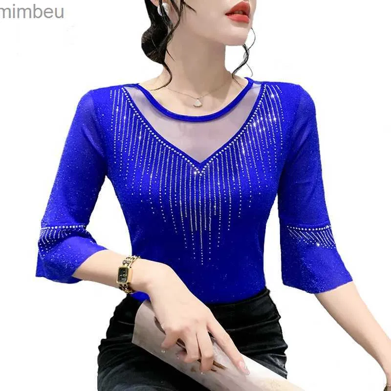 Women's T-Shirt Sexy Patchwork Mesh T shirt Slim 3/4 Sleeve Summer Womens Top Hot drilling Casual Bright silk Women Shirt L240201