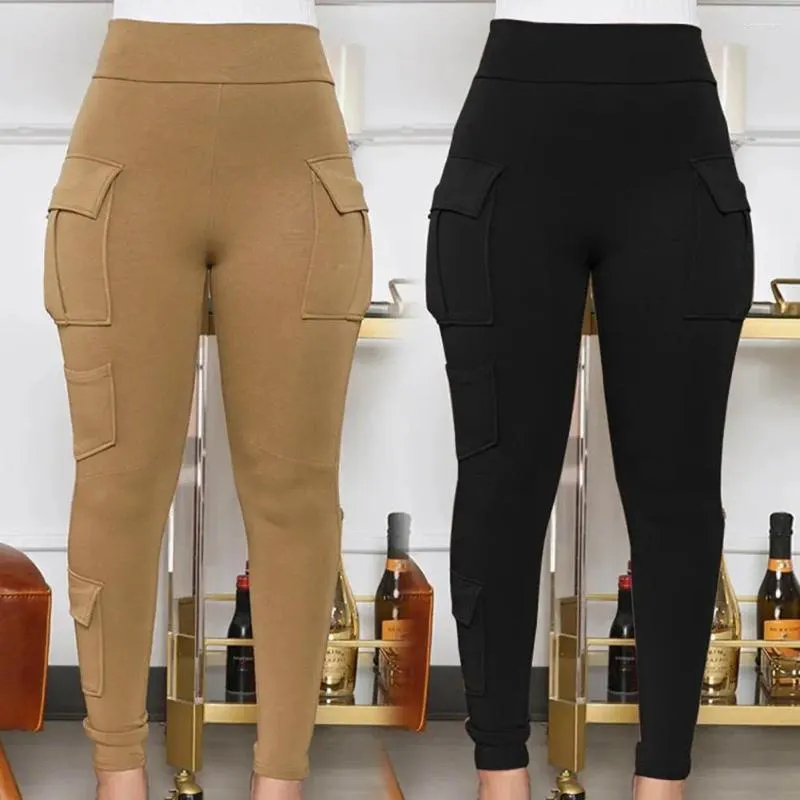 Pantaloni da donna Pantaloni sportivi da donna in tinta unita a vita alta elastica con multi tasche, morbido tessuto elastico per quattro stagioni