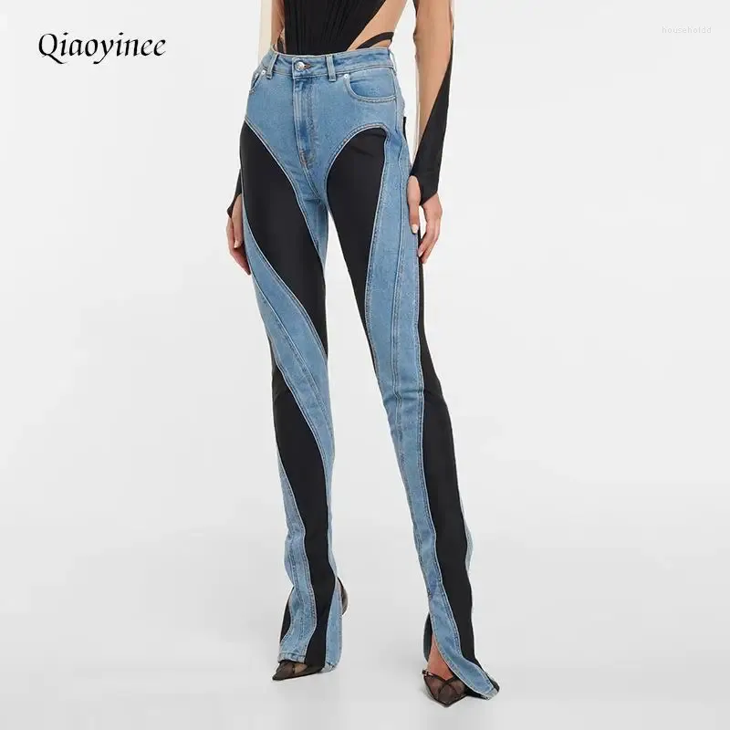 Jeans pour femmes 2024 Mode Slim Taille haute Split Déconstruire Panneaux Patchwork Bleu Denim Pantalon