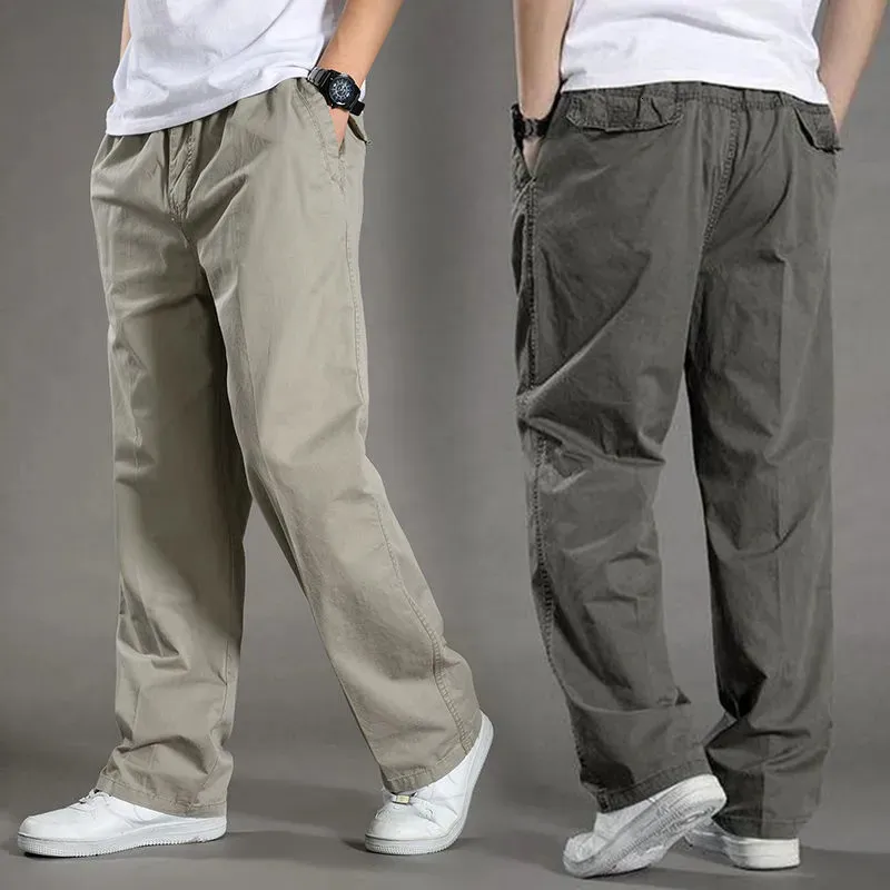 Calças de algodão de carga casual dos homens bolso solto calça reta elástica calças de trabalho marca ajuste corredores masculino super grande tamanho 240125