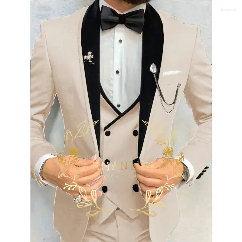 Mäns kostymer groomsmen beige mens kostym 3 stycken uppsättningar smala fit prom tuxedos skräddarsydda kostym homme bröllopsfest blazer