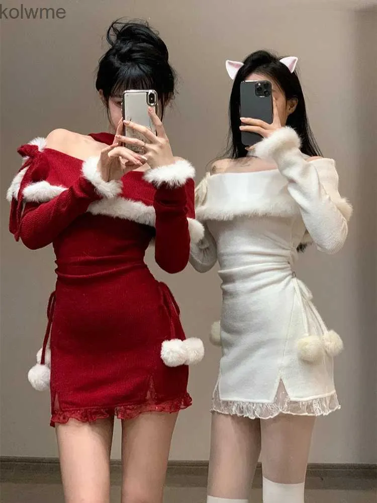 Grundlegende Freizeitkleider 2023 Winter Weihnachten, figurbetontes gestricktes Minikleid für Damen, lässig, langärmelig, süß, elegant, sogar Party, einteiliges Kleid, koreanischer Pelz, YQ240201