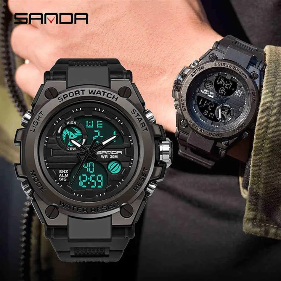 Sanda Outdoor Sports Men's Watches Military Quartz Digital LED WATTH MEN Waterproof Wristwatch S Thock Watches Relogio Mascul329W