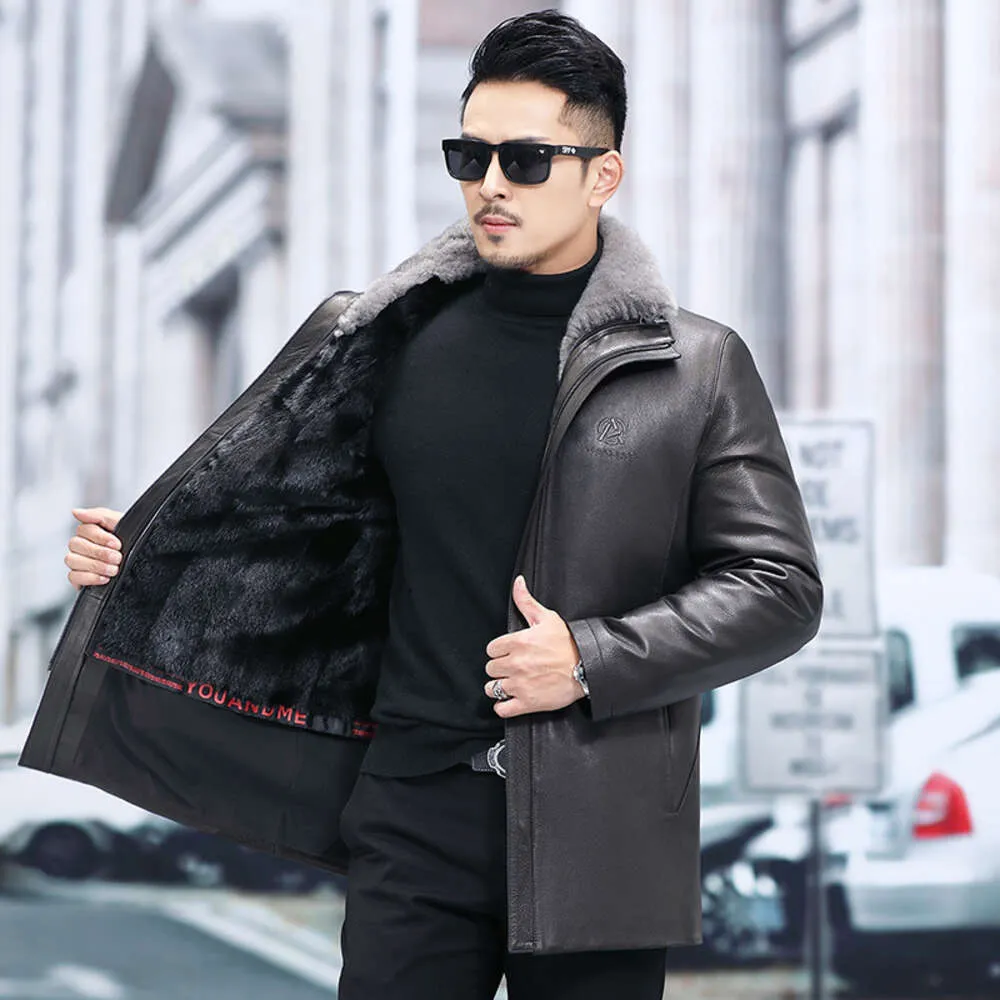 Haining Mink Coat Mens Fur Leather Goat Skin Medium Length Whole Detachable Liner Winter YKG4