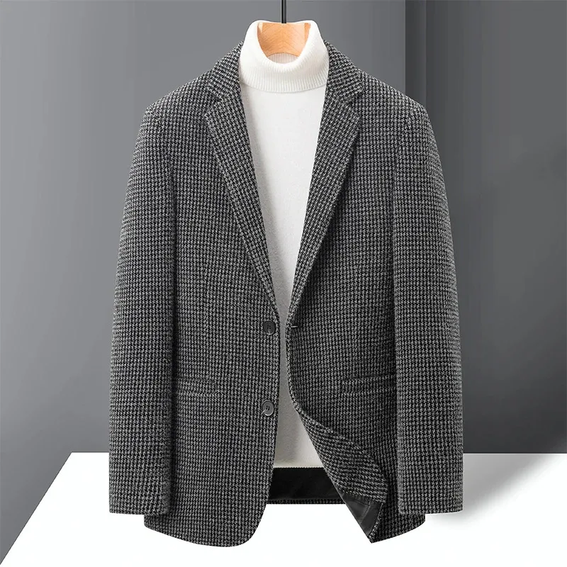 Highquality Thousandbird Check Doublesided Woolen Coat for Men Korean Casual Suit Collar Short Blazers 240124