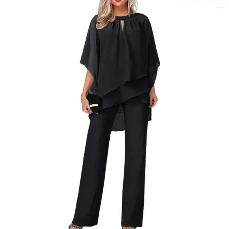 Pantaloni a due pezzi da donna 2 pezzi/set Vestito in chiffon da donna Scava fuori la manica a pipistrello con volant Orlo irregolare Top Vita alta Gamba larga Set lungo