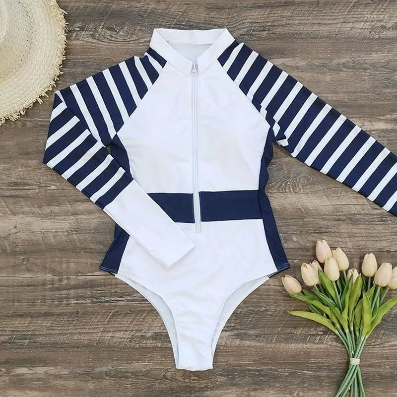 Women's Swimwear Striped Color Block Zipper Front Athletic Sports Bathing Suit Rash Guards