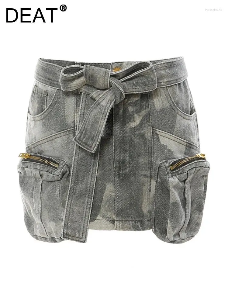 Spódnice mody trójwymiarowa kieszonkowa kieszonkowa mini-mini dżins z paskiem z paskiem latem 2024 17A3602H