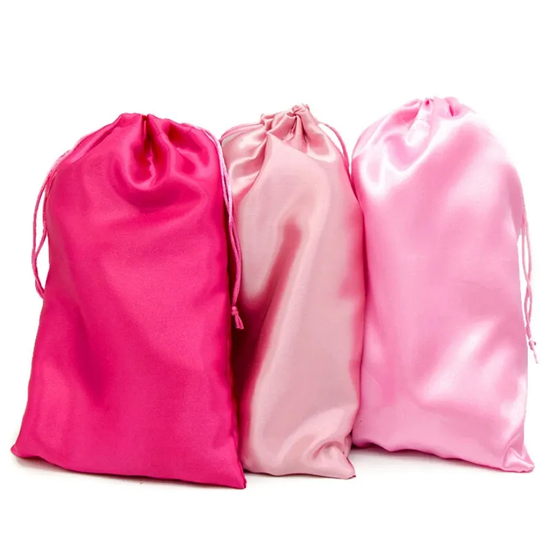 Satin hårväskor förpackning smycken kosmetisk makeup fest bröllop gåva påse rosa siden dragkammare påse wrap väska tryck 18x30 240124