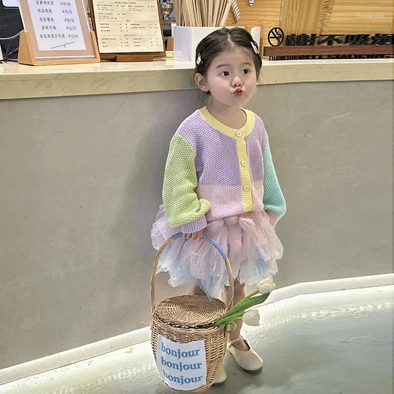 Clothing Sets Korean 2024 Autumn Kids Girl 2 Pieces Sweater Cake Skirt Lovely Sweet Colorful All-match Single Breasted