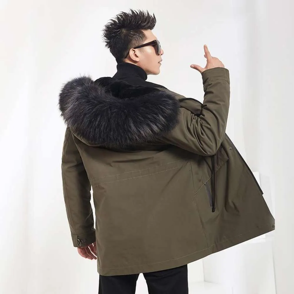 Mens Fur Pie Overcomes Designer Fashionable Rabbit Inner Tank Raccoon Collar and Integrated Mid Length Coat DQDW