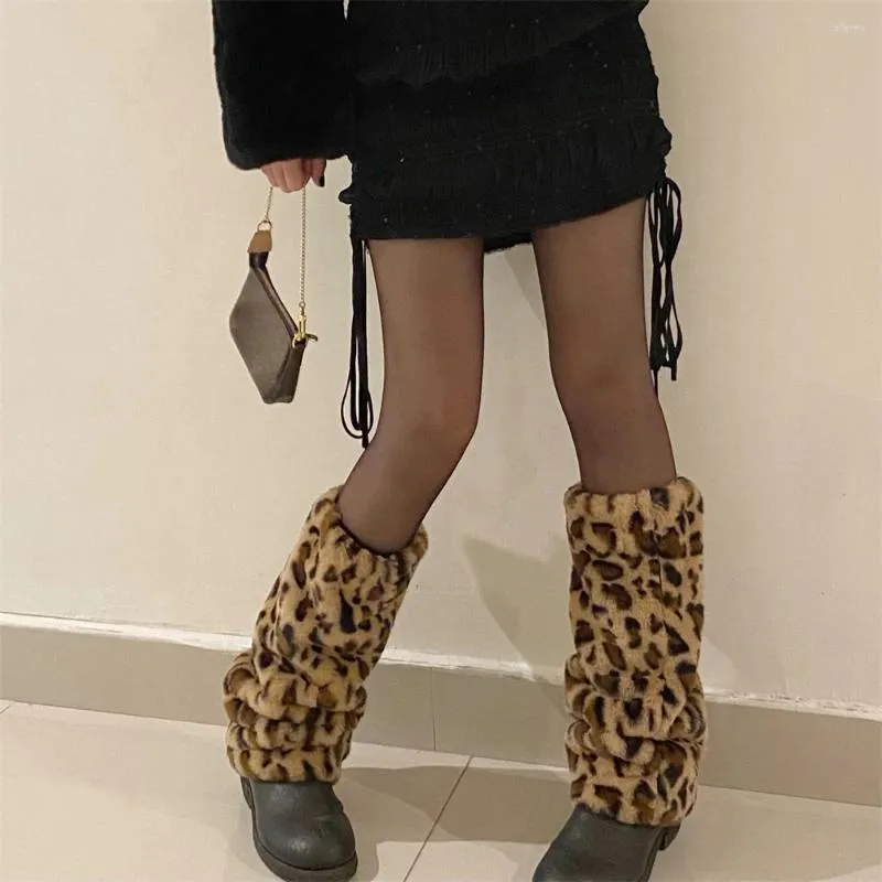 Women Socks Retro Leopard Print Fur Harajuku Sexy Lolita Long Winter Warmer Boot Cuffs Y2k Thigh High Cover