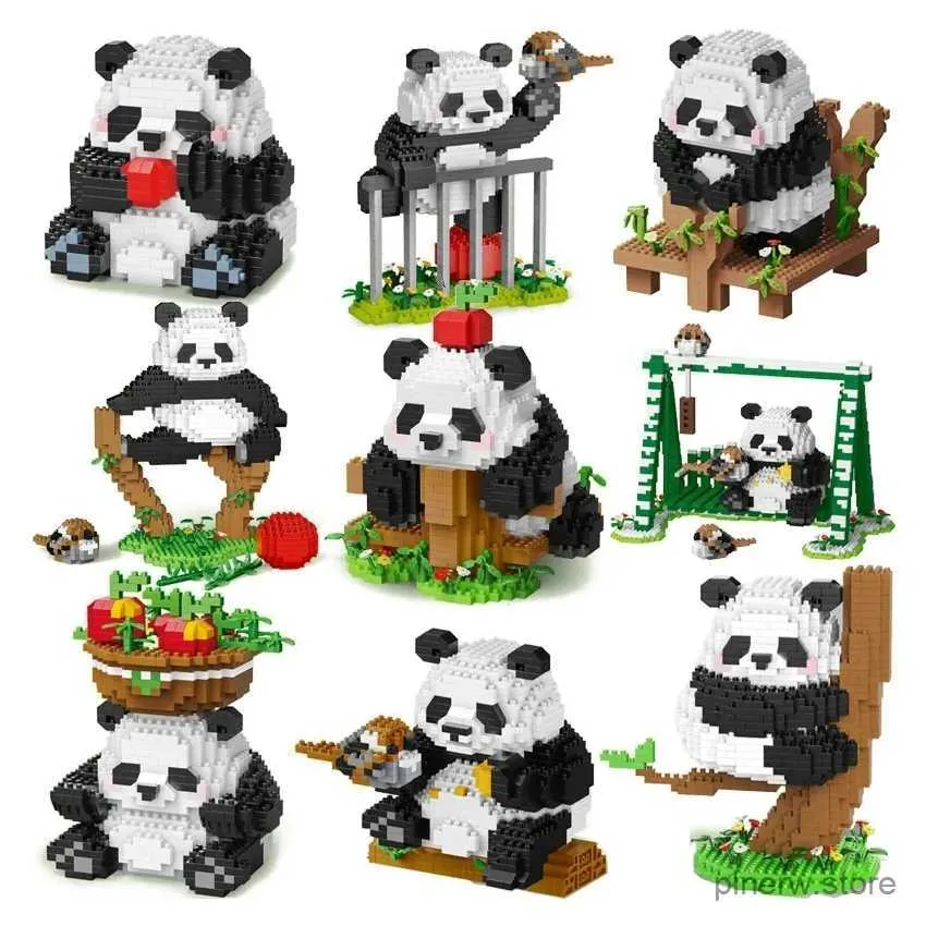 Action Toy Figures Lovely Panda Micro Building Blocks Kawaii Ailuropoda melanoleuca Animal Zoo Mini Bricks Home Decoration Toys For Children