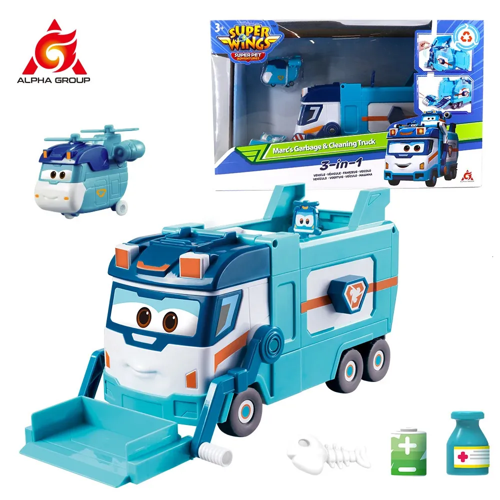 Super Wings Marcs Garbage Cleaning Truck 3in1 Street Sweeping Patrol Waste Recycling Mode Transformation Kid Toy 240119