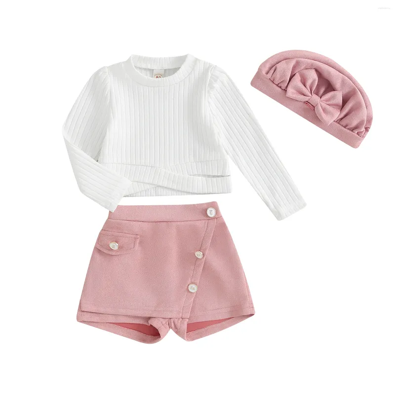 Set di abbigliamento Shorts Pudcoco Shorts Abiti a manica lunga una camicia a collo rotondo e cappello a bottone set da 3 pezzi per la festa 6m-5t