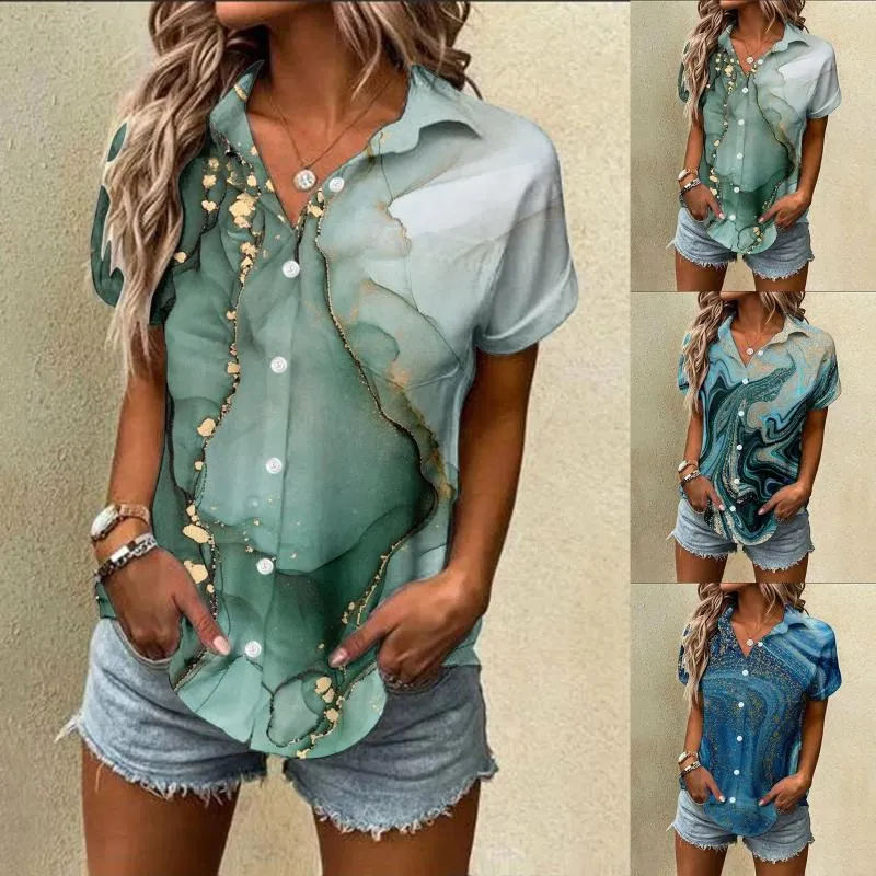 Bloups feminina Mulheres Manga curta Botão de lapela camisa elegante Tops impressos Camisas casuais casuais