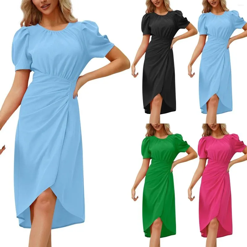 Casual jurken dames ronde hals korte mouw effen kleur bubble slim-fit temperamentjurk elegante veelzijdige vestidos longos