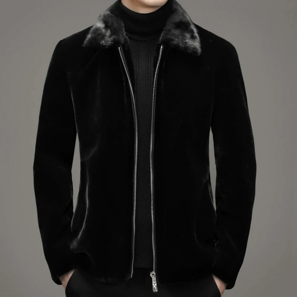 가죽과 모피 통합 밍크 칼라 남성 코트 겨울 두꺼운 양가죽 모방 금 짧은 패션 트렌드 e8v6