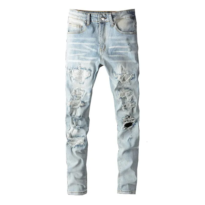 Men Crystal Holes Ripped Patchwork Jeans Streetwear Light Blue Denim Slim Skinny Pencil Pants Trousers 240125