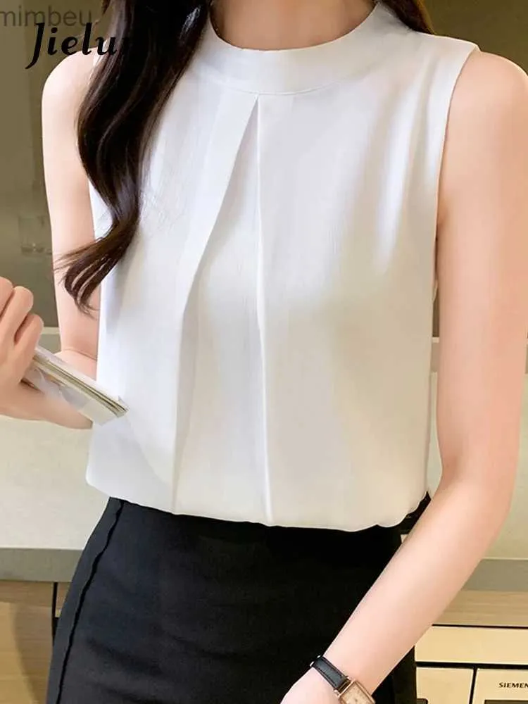 Женская футболка Jielur без рукавов в стиле ретро, шикарная белая рубашка, женская корейская стильная элегантная женская блузка, летние шифоновые топы, женские однотонные модные L240201