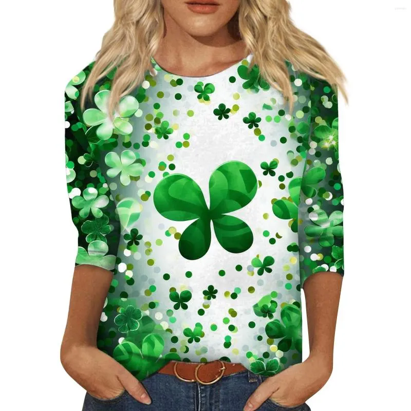 Damen T-Shirts St. Patrick's Day Four Leaf Print Dreiviertelärmel Top T-Shirt Sommer O Neck Short Camisetas