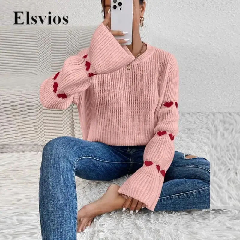 Women's Sweaters Autumn Winter Casual O Neck Knitted Jumper Female Elegant Knit Heart Loose Tops Pullover Fashion Women Flare Long Sleeve