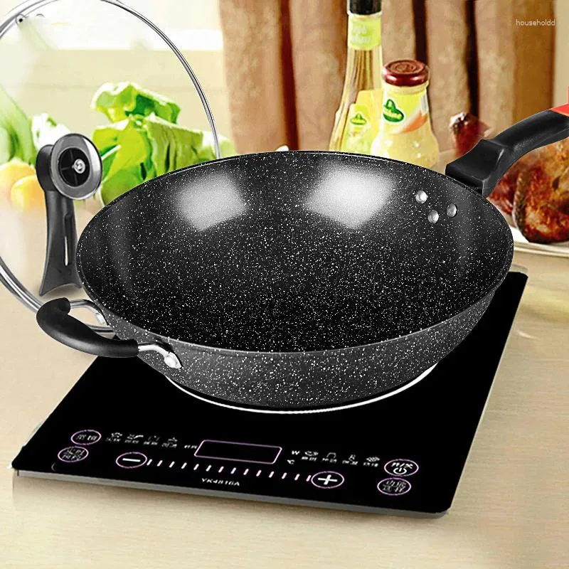 Pannen Pan Maifan Steen Wok Non-stick Geen Rook Inductie Fornuis Gasfornuis 32CM34CM Roerbak Ijzeren pot Koken Keuken Potten