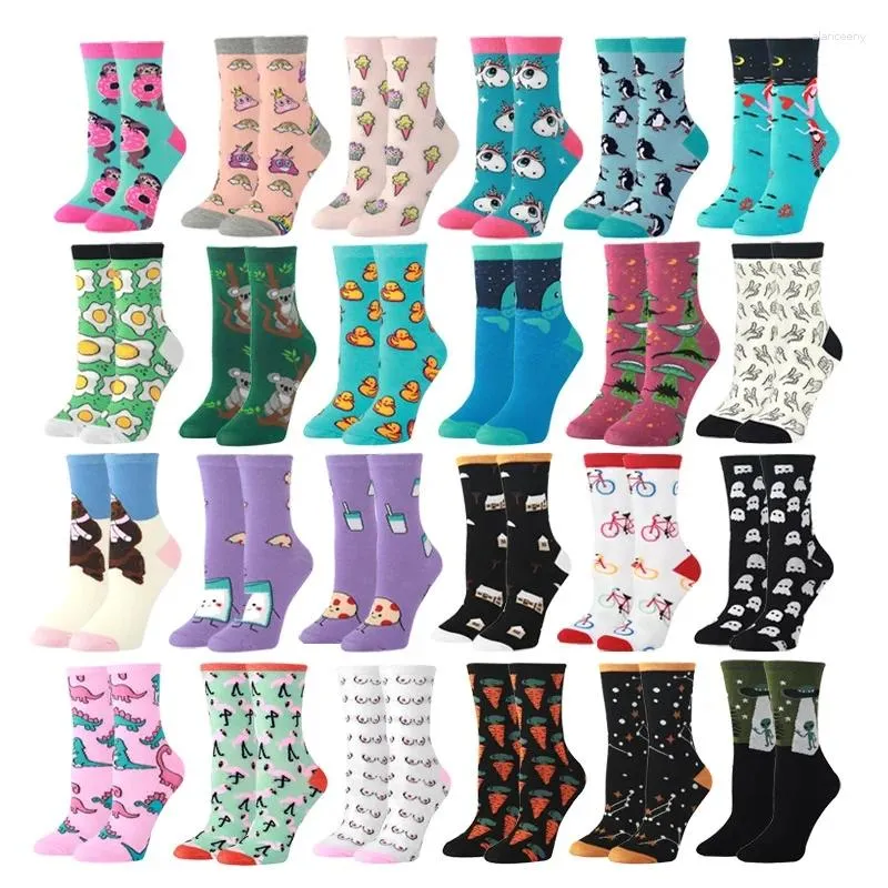 Chaussettes en coton pour femmes, mignonnes et à la mode, nouveauté douce, licorne, canard, Alien, dinosaure, dessin animé coloré, joyeux Kawaii, cadeau amusant pour filles