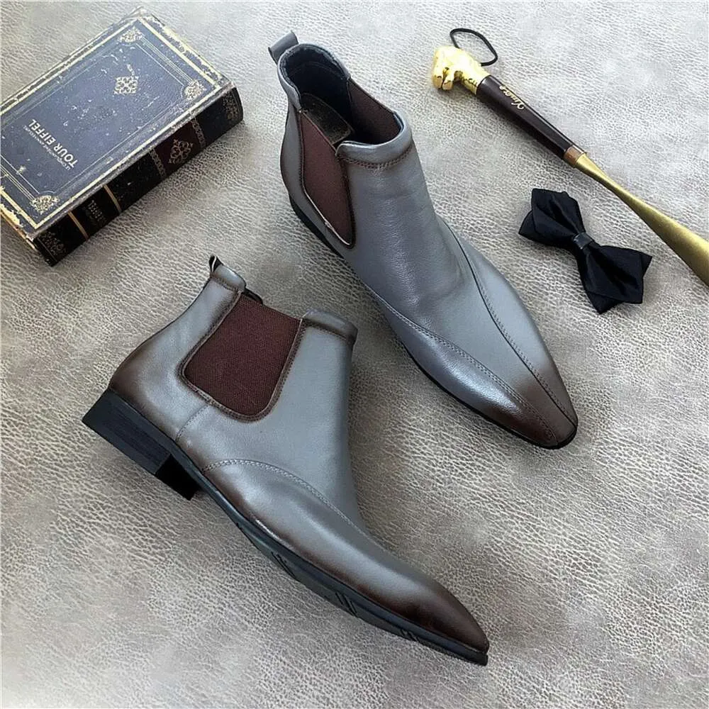 Tornozelo de couro genuíno feito à mão sem renda bico fino para homens deslizamento em botas sociais masculinas tipo italiano