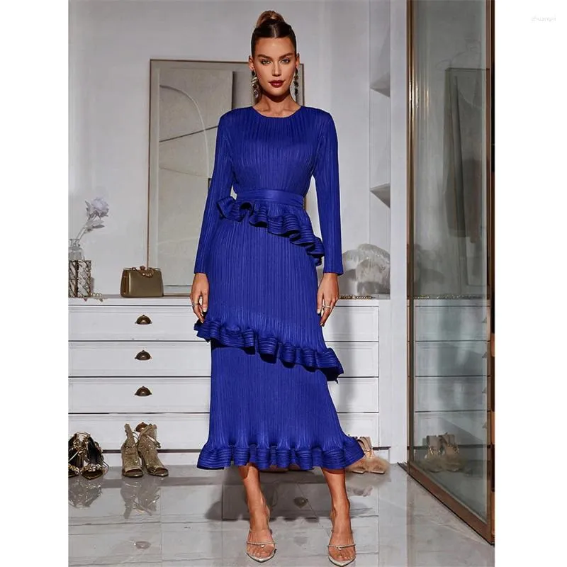 Ethnische Kleidung Elegante Frauen Langarm Bodycon Maxi Kleid Plissee Rüschen Mode Damen Abend Party Kleider Dubai Kaftan Abaya