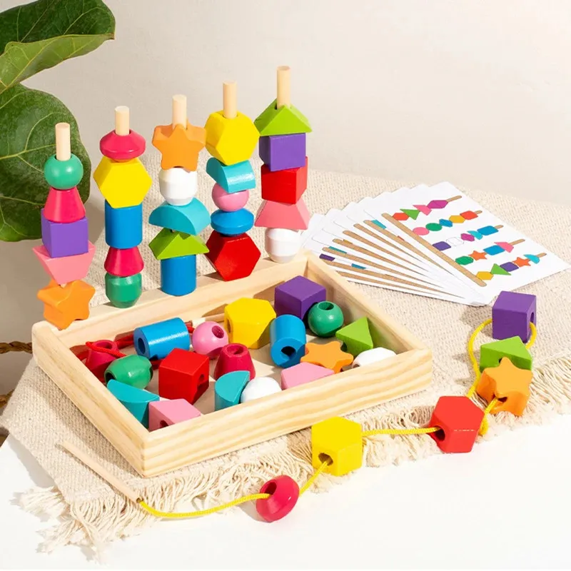 Criança de madeira montessori brinquedos grânulos sequenciamento empilhamento bloco correspondência forma laço grânulos rosqueamento habilidades motoras finas brinquedos crianças 240129