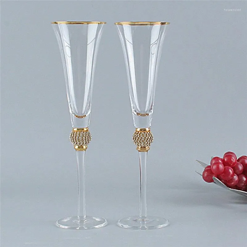 Wine Glasses 2Pcs Inlaid Diamond Crystal Champagne With Gold Rim Luxury Court Wedding Party Drinkware Sparkling Tasting Cup