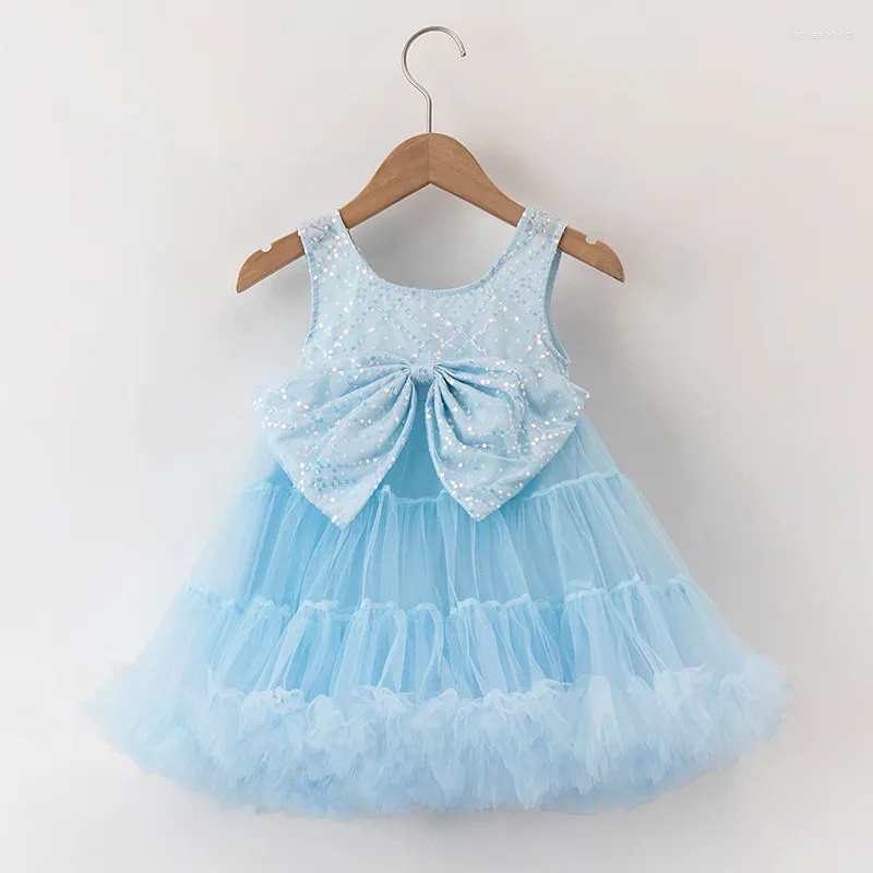 Girl Dresses 2024 Summer Sequin Big Bow Baby Dress 1st Birthday Party Wedding For Palace Princess Evening Kid Clothes