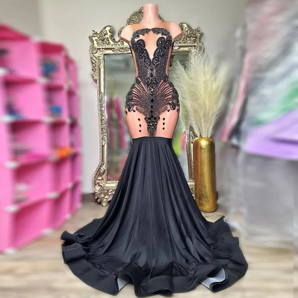 Robe de bal longue noire pour filles noires, avec perles, diamants et strass, robe de soirée d'anniversaire, Club, 2024